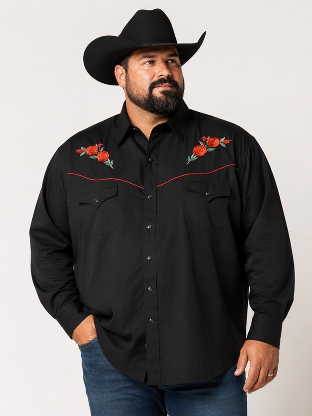 Ely Cattleman Western Shirt with Red Floral Embroidery